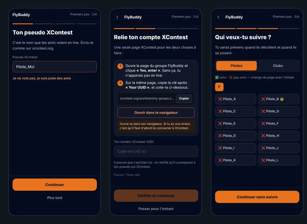 Les 3 écrans Premiers pas : pseudo XContest, compte XContest, pilotes à suivre (pilotes fictifs)