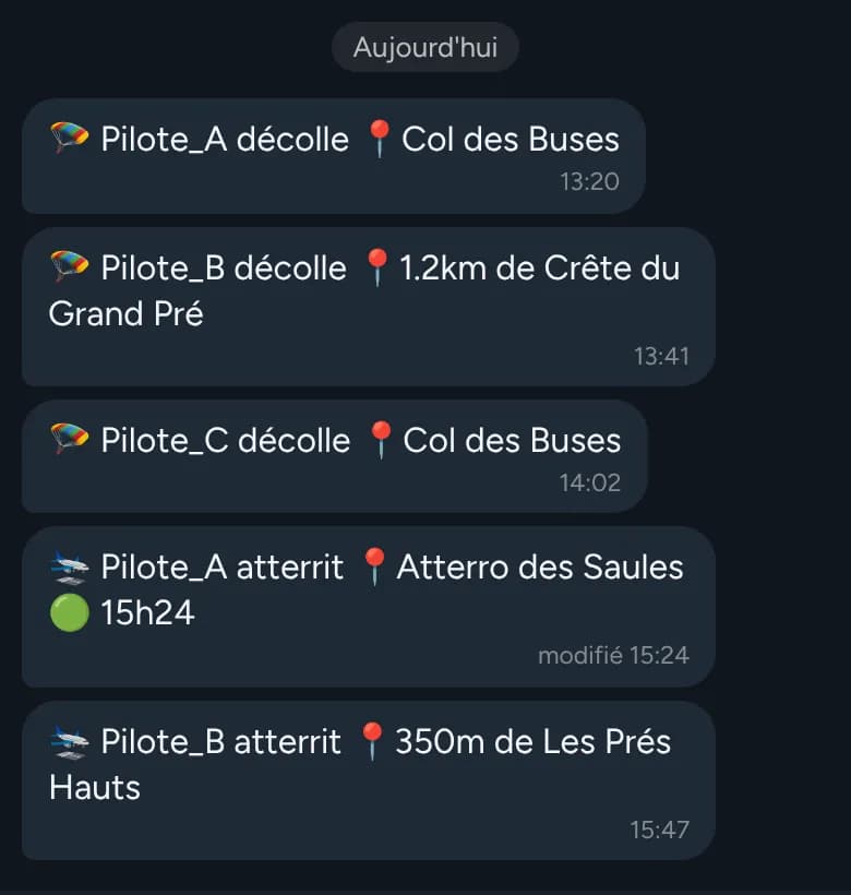 Bot messages: pilots take off from Col des Buses, then land at Atterro des Saules (fictional pilots)