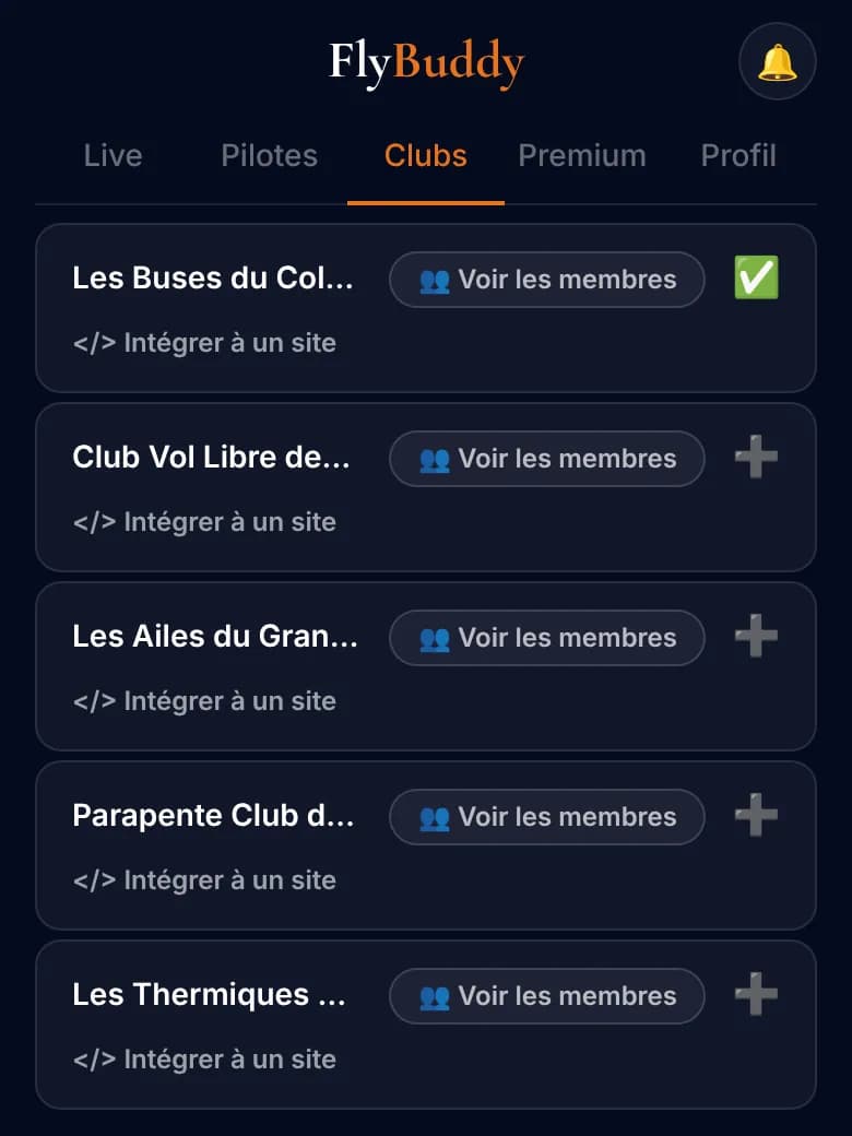 Clubs tab: a list of clubs with “See members” and “Join” (fictional clubs)