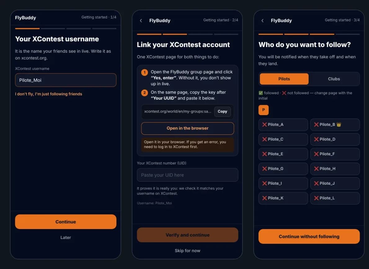 The 3 Getting started screens: XContest username, XContest account, pilots to follow (fictional pilots)