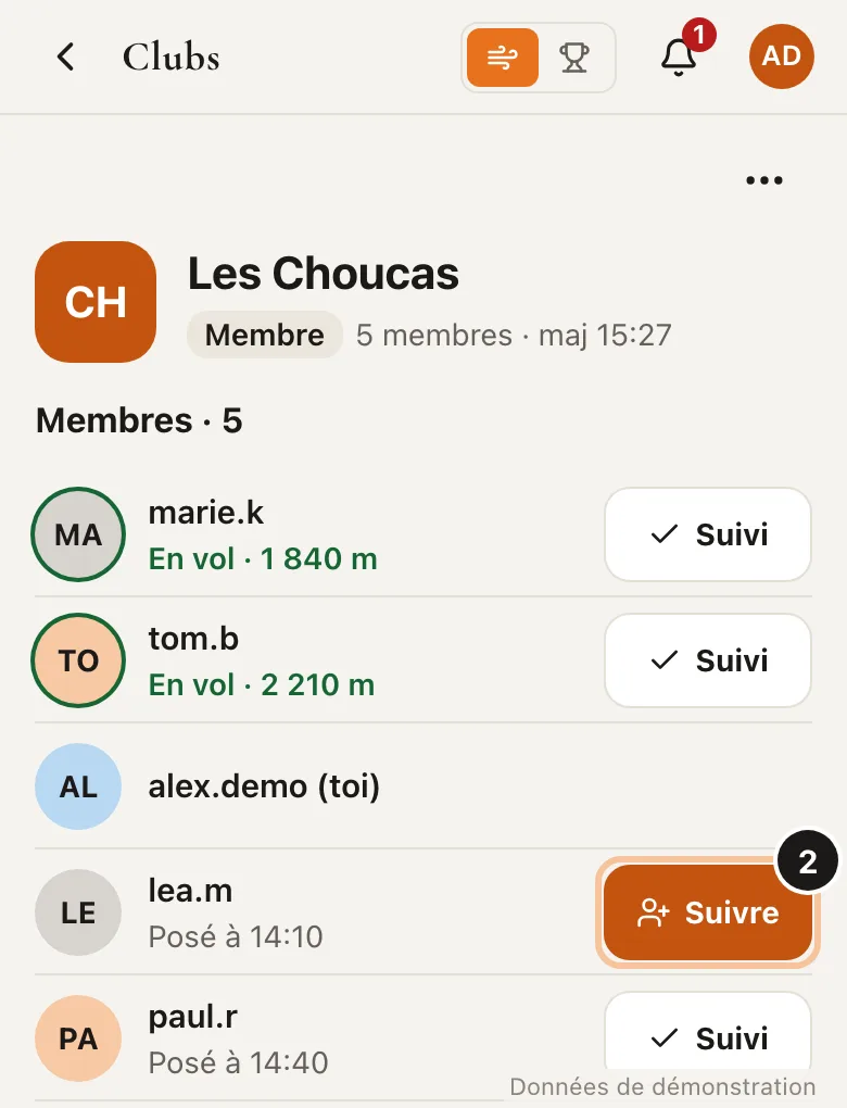 Screenshot of step 2: Follow its members (Demo data)