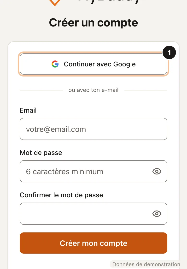 Screenshot of step 1: Create your account (Demo data)