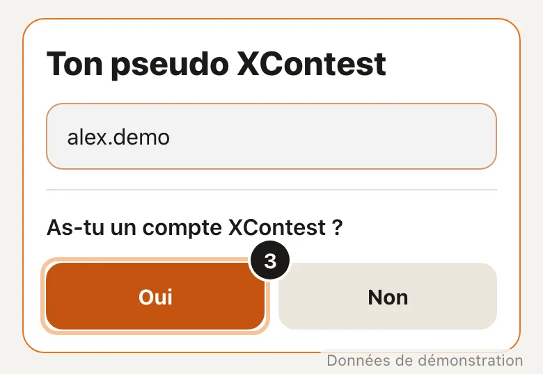 Screenshot of step 3: Type your XContest username (Demo data)