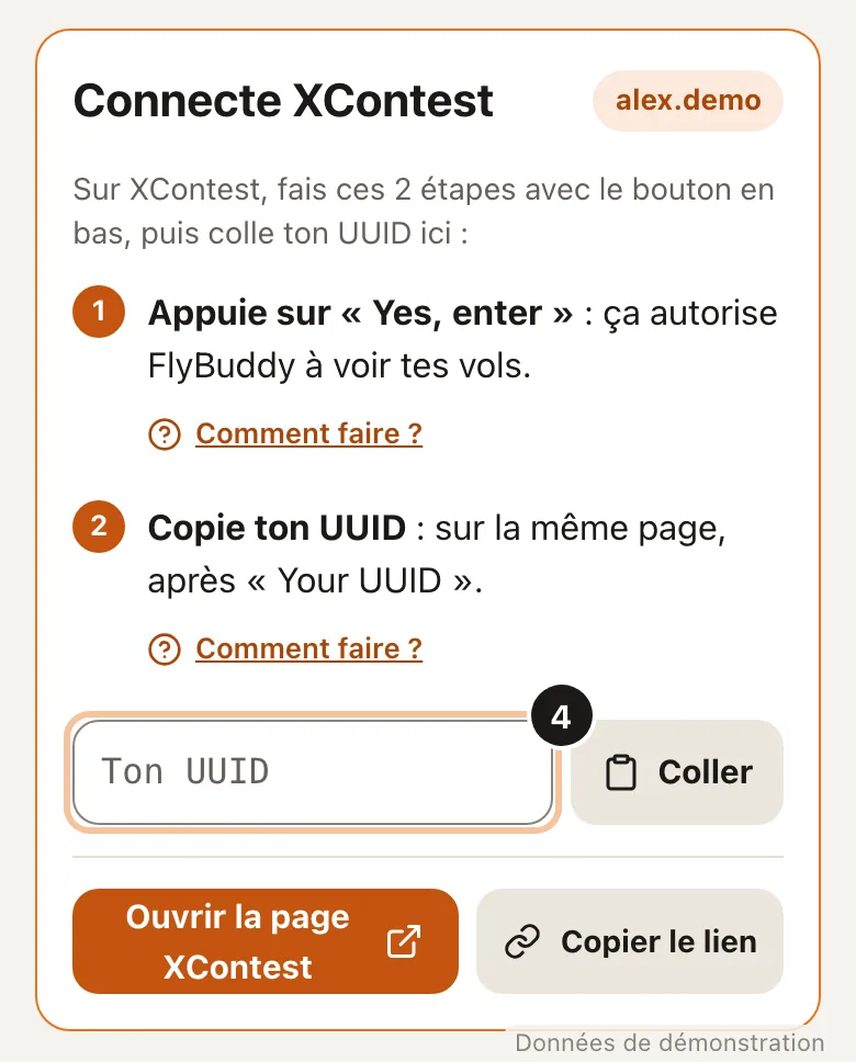 Screenshot of step 4: Link XContest (Demo data)