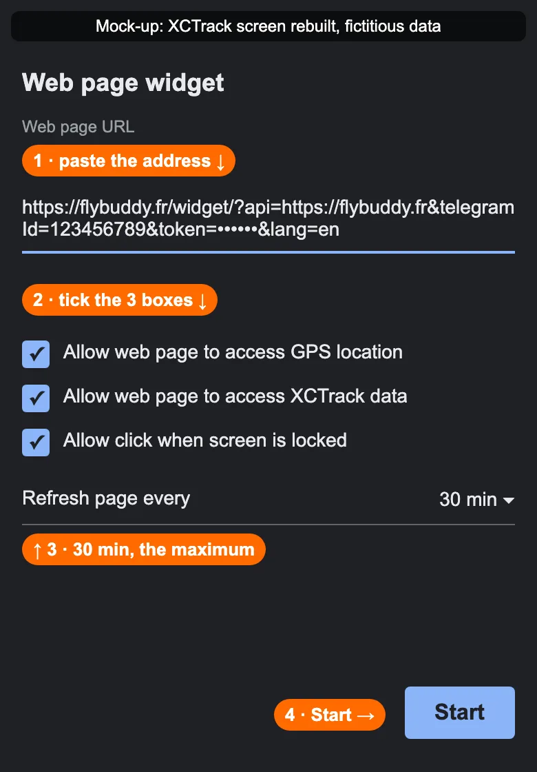 The Web page widget in XCTrack (annotated mock-up)