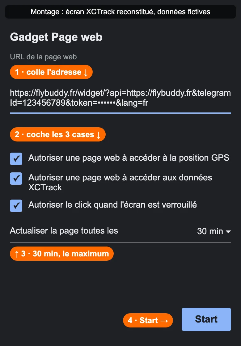 Le gadget Page web dans XCTrack (montage annoté)