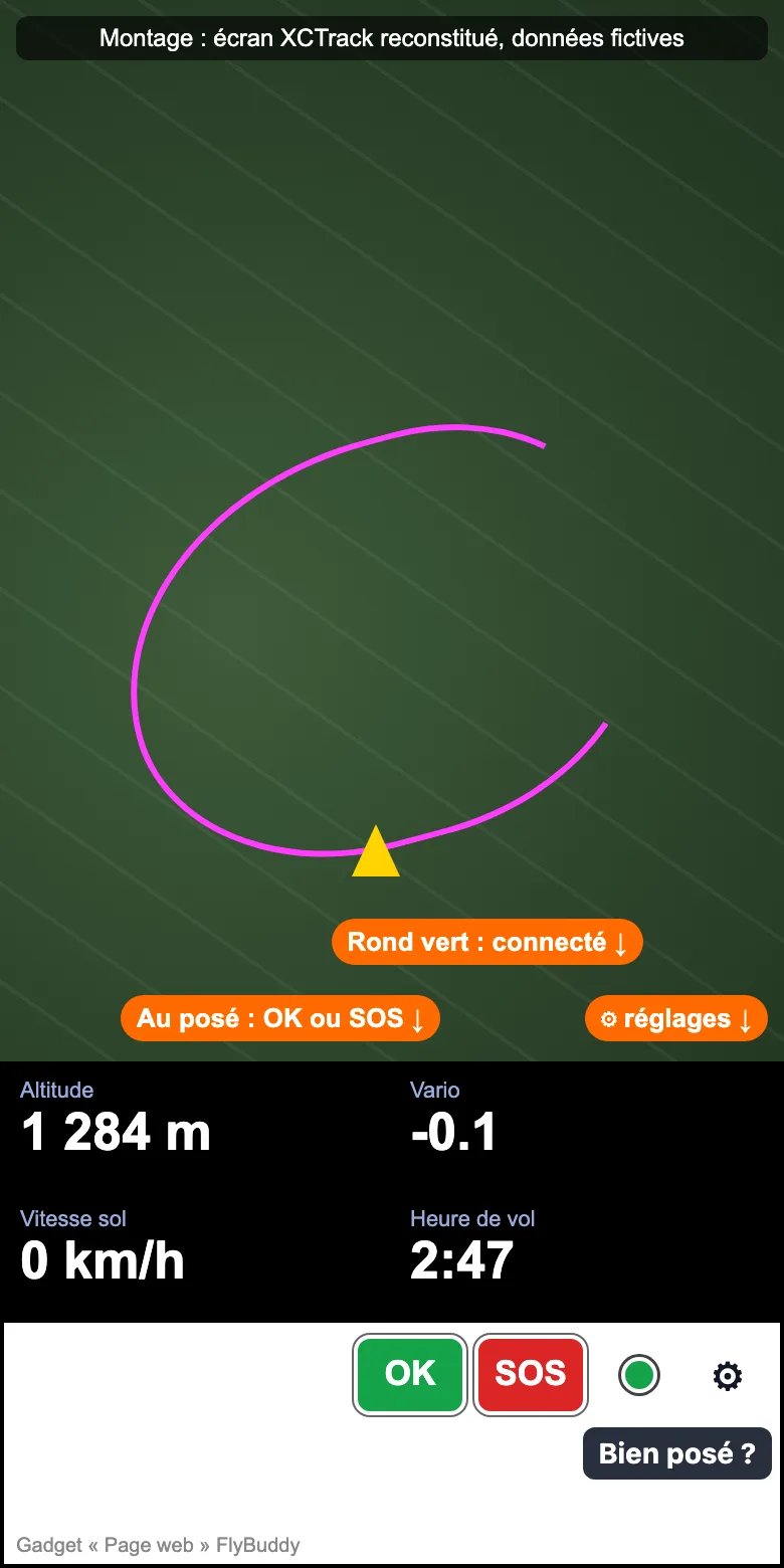 Au posé, dans XCTrack (montage, données fictives)